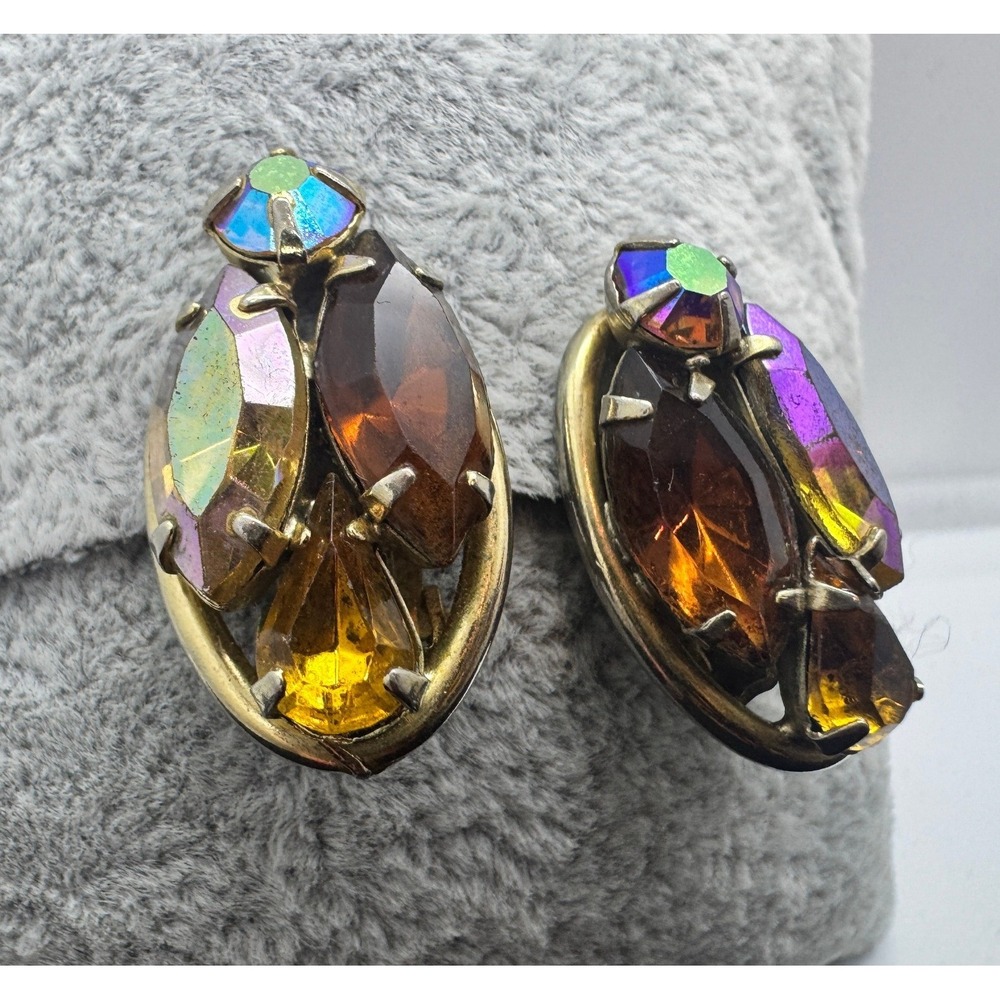 Vintage Gold Tone AB Rhinestone Cluster Clip On Earrings Amber Yellow Pat Pend